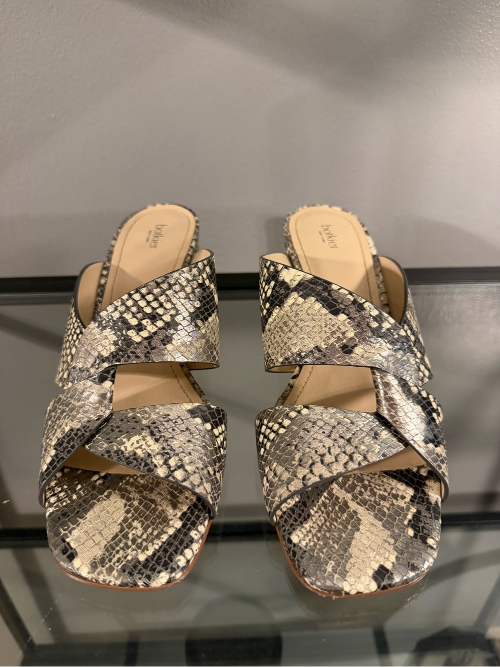 Botkier Snake-Print Crisscross Slide Mules in Black and Cream